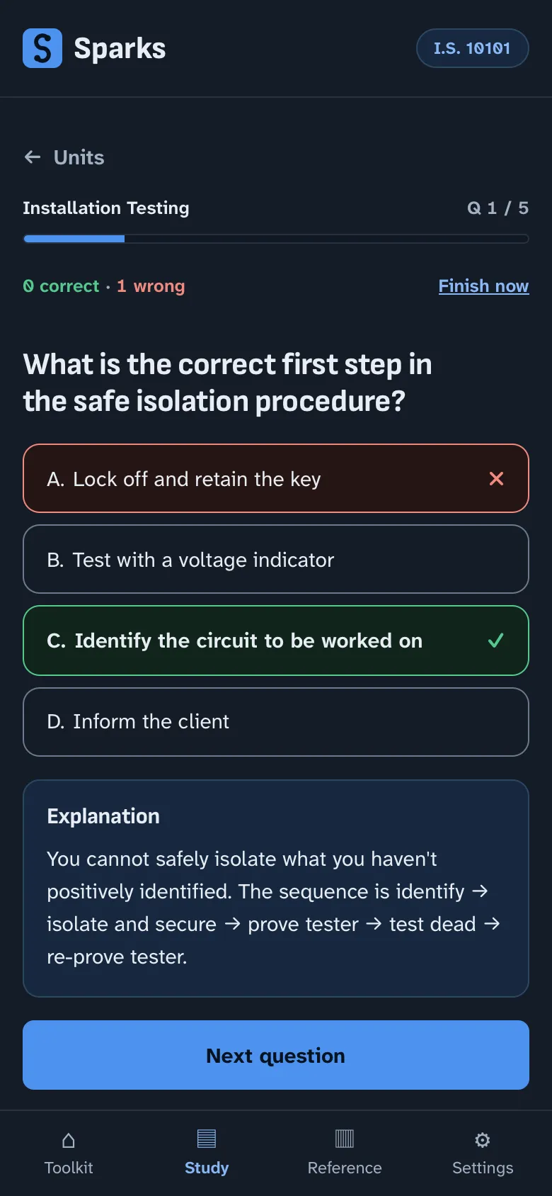 A practice question in Sparks, answered wrongly: the chosen option marked wrong, the correct one marked right, and an explanation of the safe isolation sequence underneath.