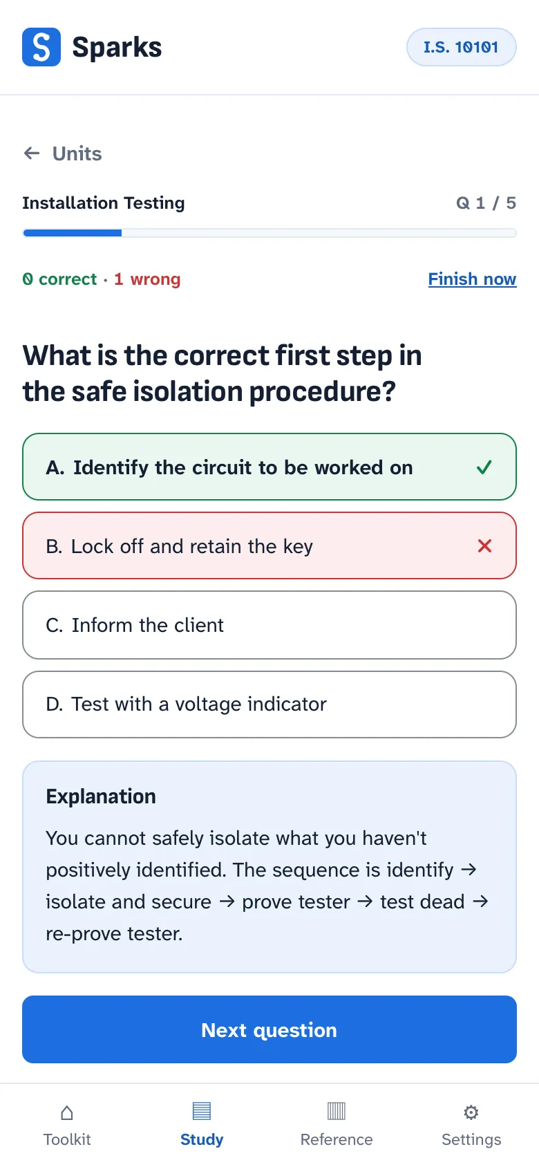 A practice question in Sparks, answered wrongly: the chosen option marked wrong, the correct one marked right, and an explanation of the safe isolation sequence underneath.