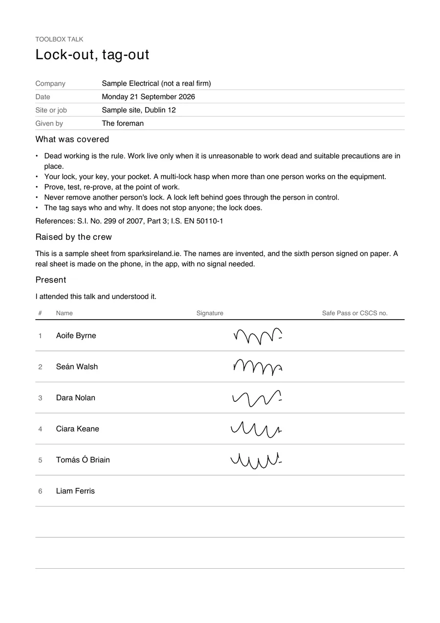 The attendance sheet as a PDF: the talk, the date, the site, what was covered, and a table of names with a signature beside each. Download the sample (PDF, 9 KB).