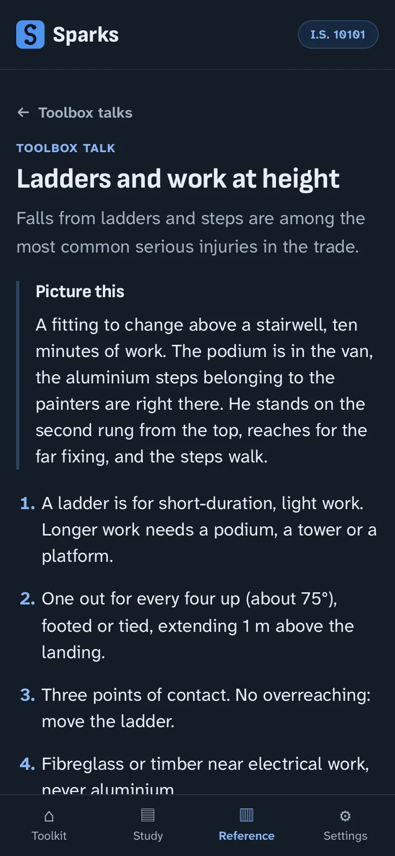 A toolbox talk in Sparks, Ladders and work at height: why it is given, a short scene under the heading Picture this, then numbered points to read to the crew.